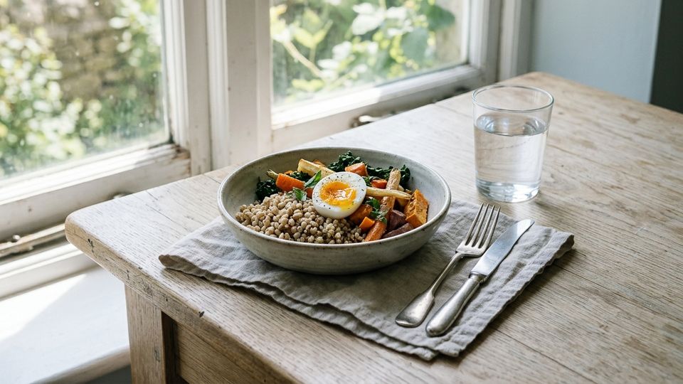 A bowl of grains, roasted vegetables, greens and a halved soft-boiled egg on a linen napkin by a sunny window, with cutlery and a glass of water.