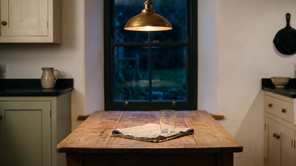 A cleared wooden kitchen table at night under a brass pendant lamp, with a folded napkin and an empty glass, and a dark window behind.