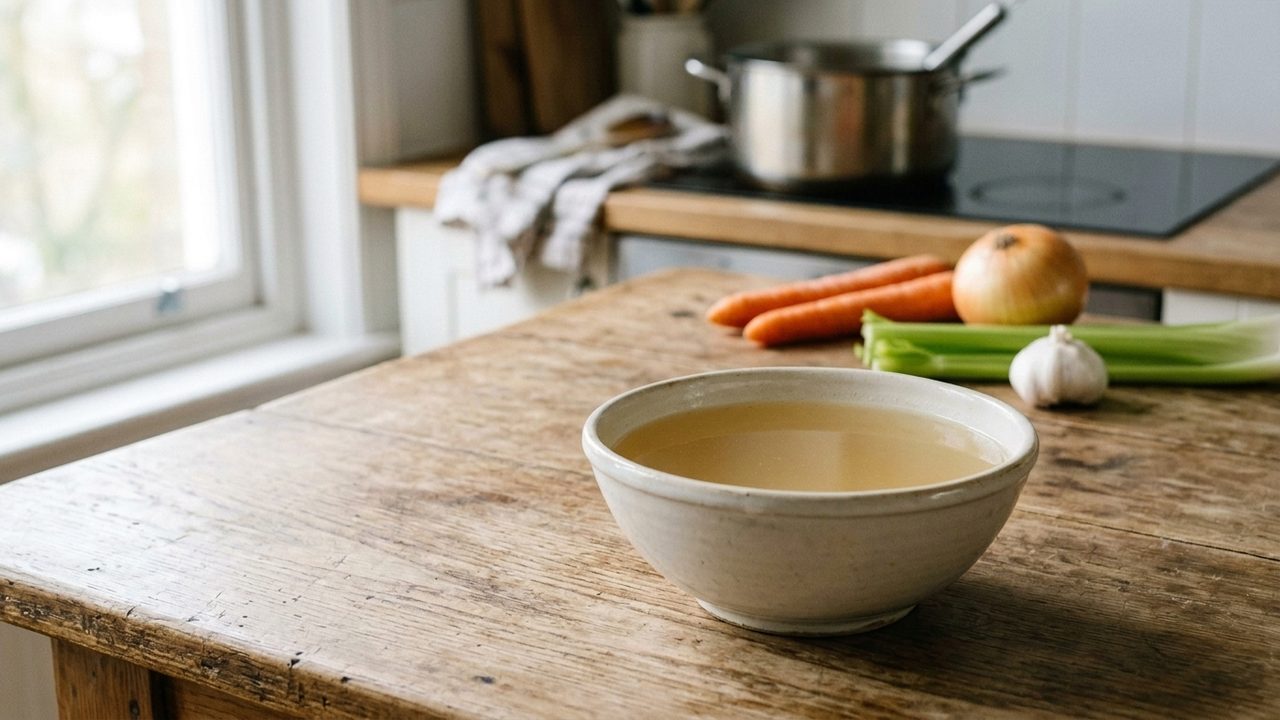 A bowl of strained golden bone broth on a wooden kitchen table, with carrots, an onion, celery, and garlic behind it