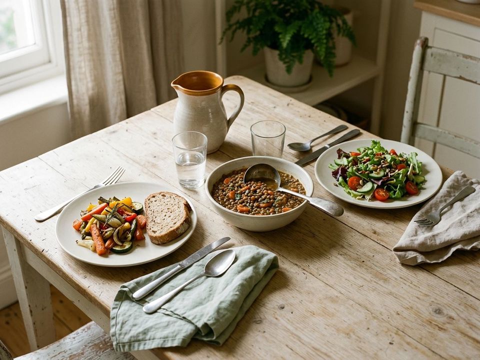 A wooden table set for a home meal: roasted vegetables with bread, a bowl of lentils, a green salad, a jug and a glass of water.