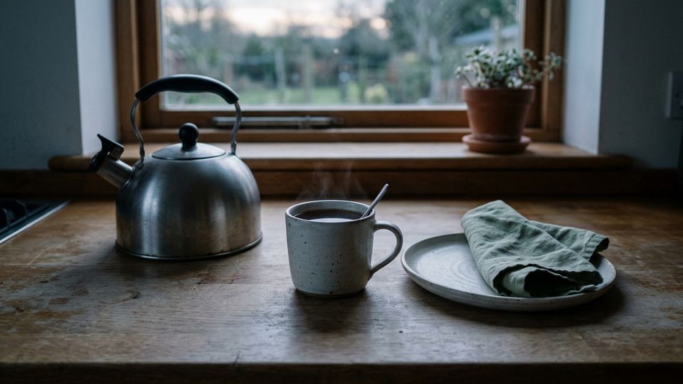 A steel kettle, a mug of tea and a plate with a folded green napkin on a wooden kitchen counter by a window at dawn.