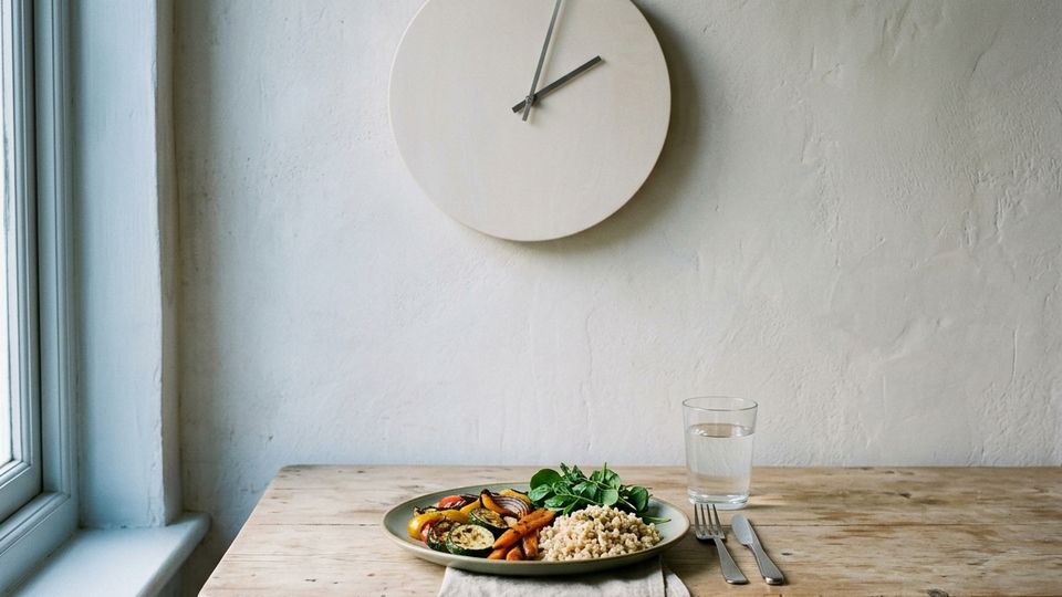 A plain wall clock without numbers above a wooden table set with one plate of roasted vegetables, grains and greens, and a glass of water.