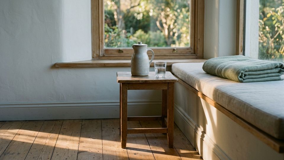 A ceramic jug and a glass of water on a small wooden stool beside a window seat with a folded green blanket, in late-afternoon light.