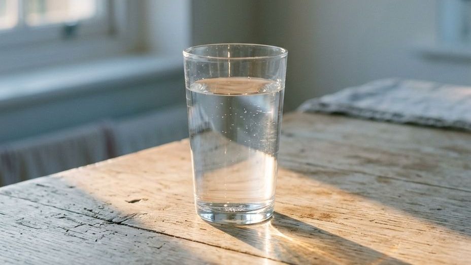 A glass of water on a wooden kitchen table, lit by low morning sun.