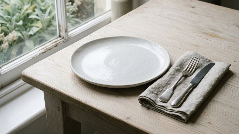 An empty white plate on a pale wooden table by a window, with a fork and knife on a folded linen napkin.