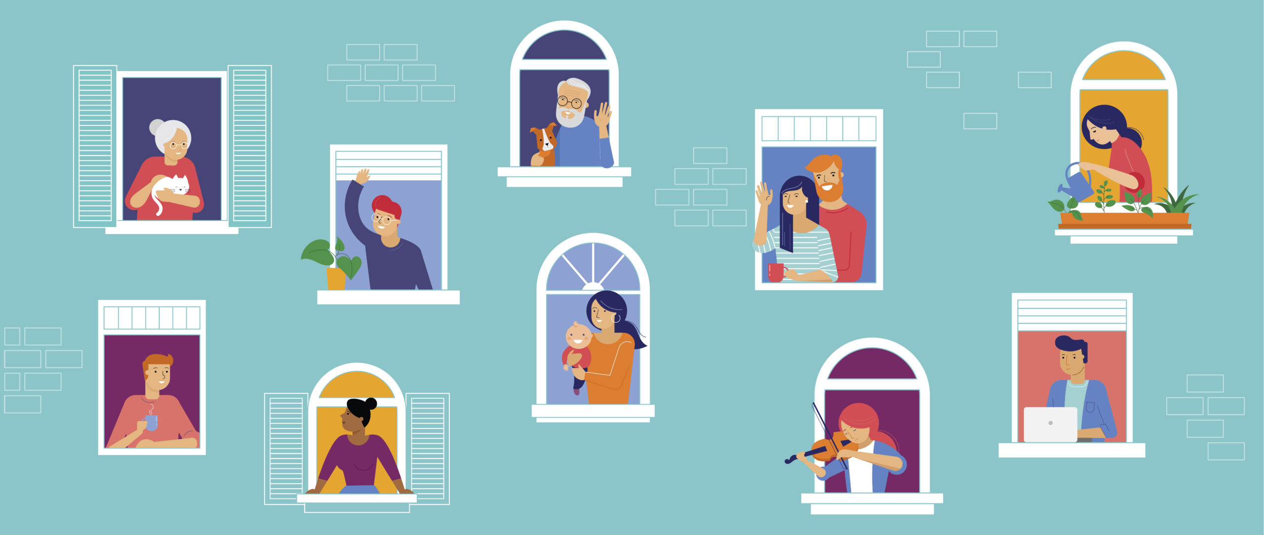 illustration of people at home in windows