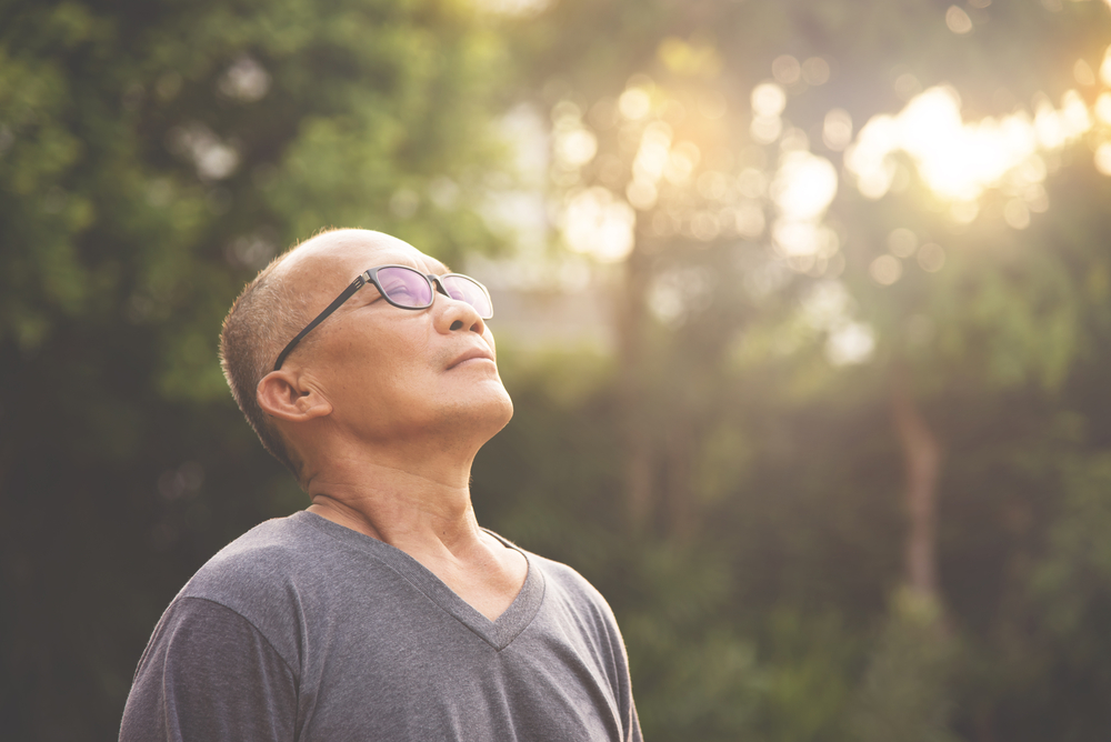 discover energy when fasting with breathing practices. Happy Asian senior male wear glasses relaxing and breathing fresh air at park with sunlight and copy space. Elderly male smiling standing over nature on holiday. Carefree, Lifestyle, Wellness.