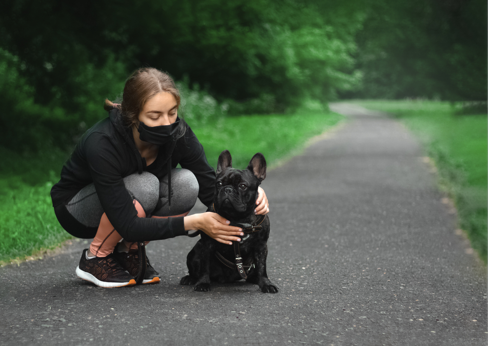healthy circadian rhythms A young woman during pandemic isolation walking with dog in park wearing disposable medical face mask. Girl corrects a dog collar. Walking of pets. Safety in a public place while epidemic of covid-19